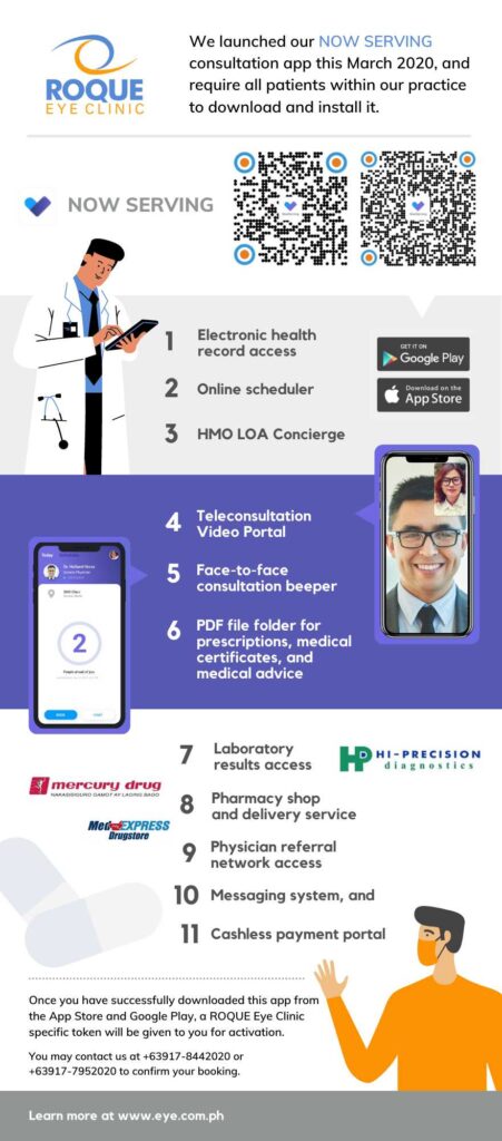 Benefits of downloading the ROQUE Eye Clinic Now Serving App
