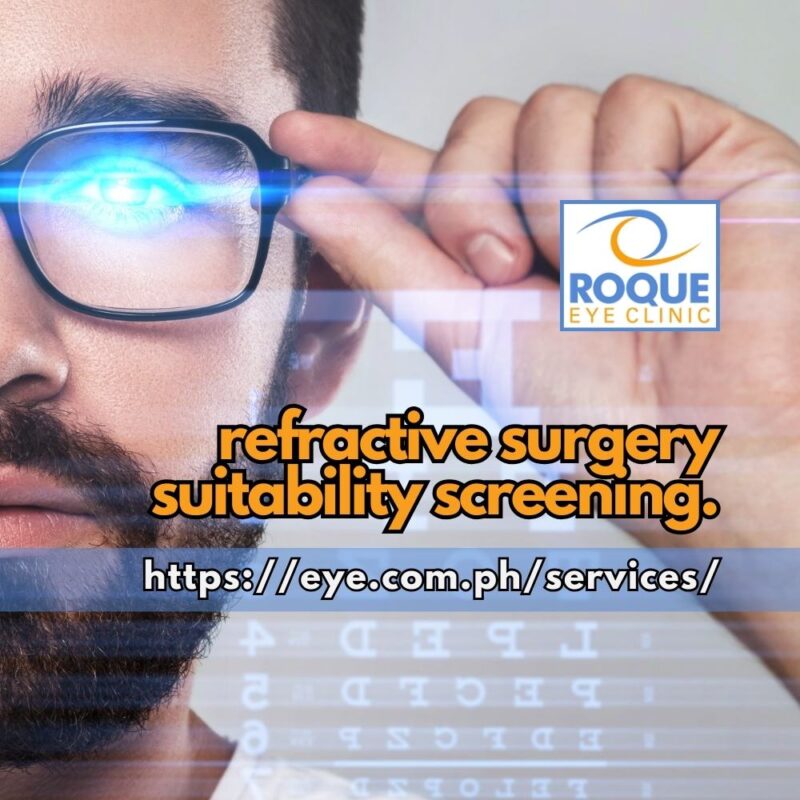 This is an image of a man holding on to his prescription glasses while presumably testing for his visual acuity with a visual chart overlay as part of a refractive surgery suitability screening.